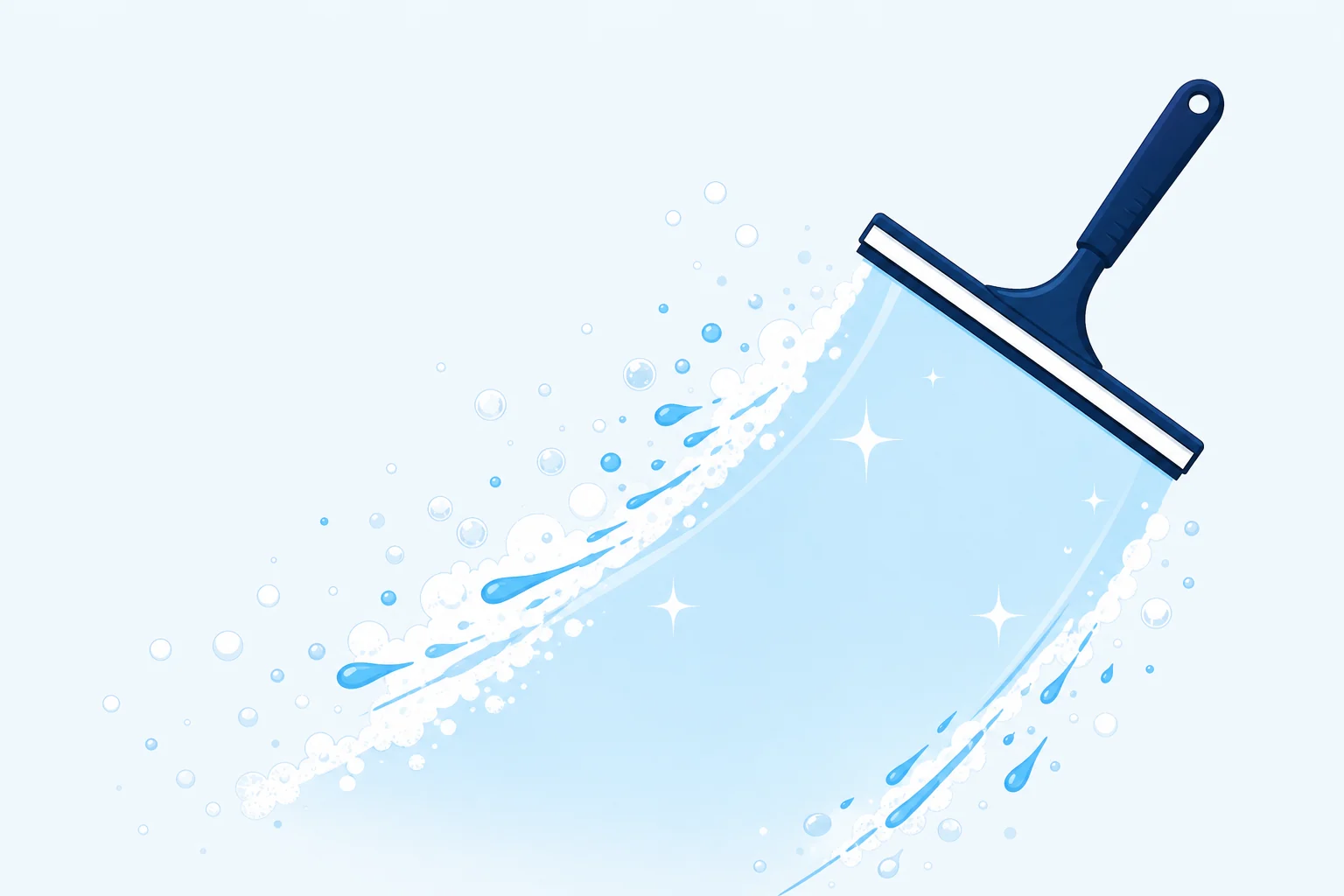 Illustration of a squeegee sweeping a clean, sparkling path through water droplets and soap suds on glass